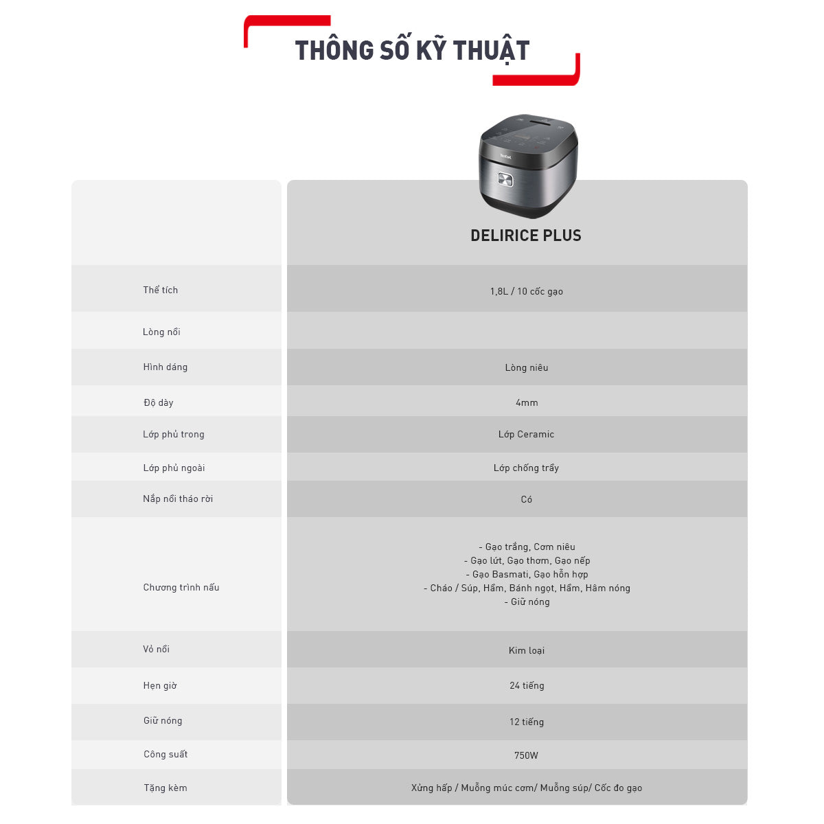 Nồi cơm điện tử Tefal Delirice Plus RK776B68 - 1.8L - Xám