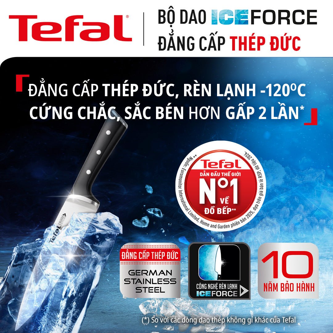 Bộ dao kéo thép Đức 7 món và kệ dao gỗ Tefal Ice Force K232S714, 9cm/11cm/18cm/20cm/20cm/20cm