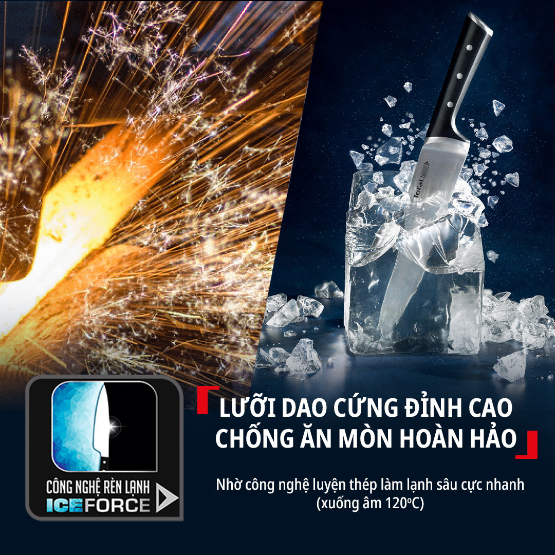 Bộ dao thép Đức 5 món và kệ dao gỗ Tefal Ice Force K232S574, 20cm/20cm/18cm/11cm/9cm