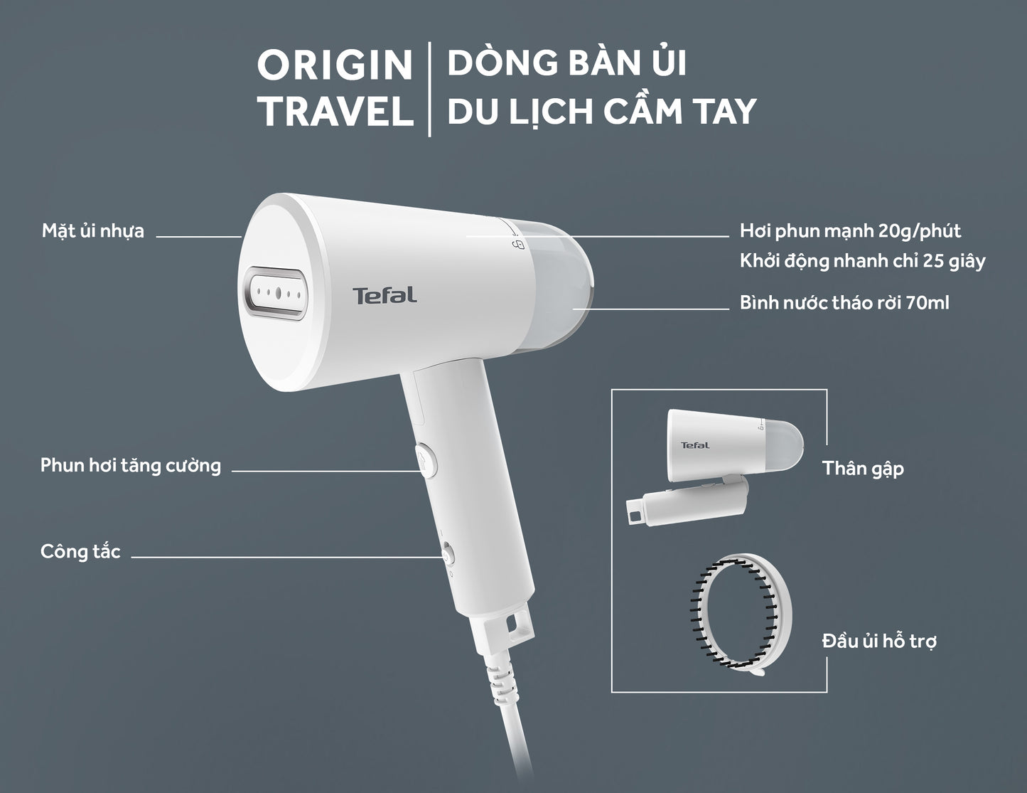 Bàn ủi hơi nước cầm tay Tefal Origin Travel DT1020E1 trắng xám
