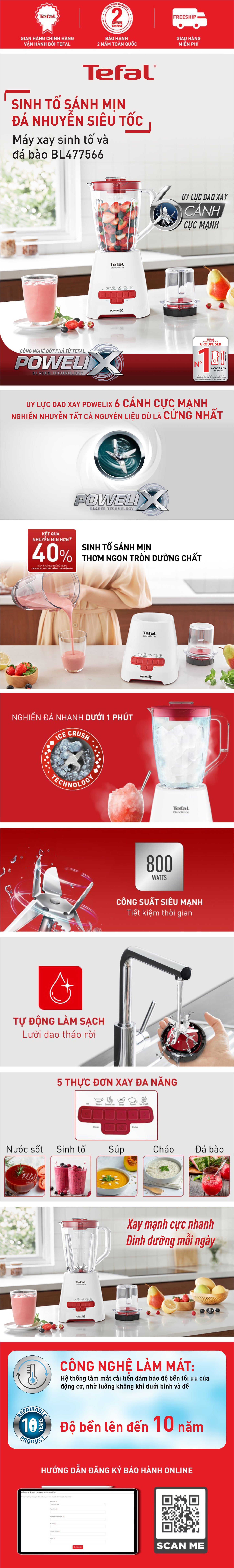 Máy xay sinh tố Tefal Blendforce Piano BL477566 - 800W - Đỏ