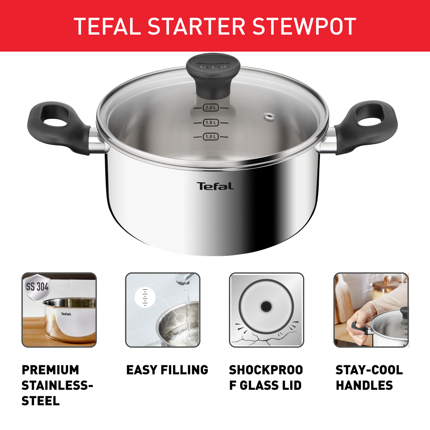 Bộ 3 nồi Inox liền khối Tefal Starter E325S695, quánh 16cm/nồi 20cm/nồi 24cm
