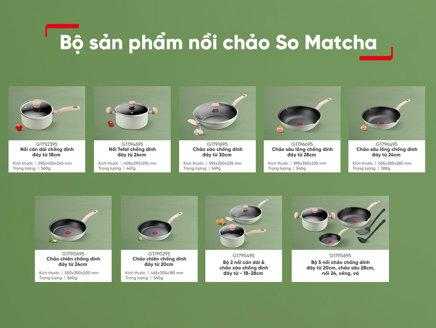 Bộ 2 nồi cán dài & chảo xào Tefal So Matcha - 18-30cm G179S495