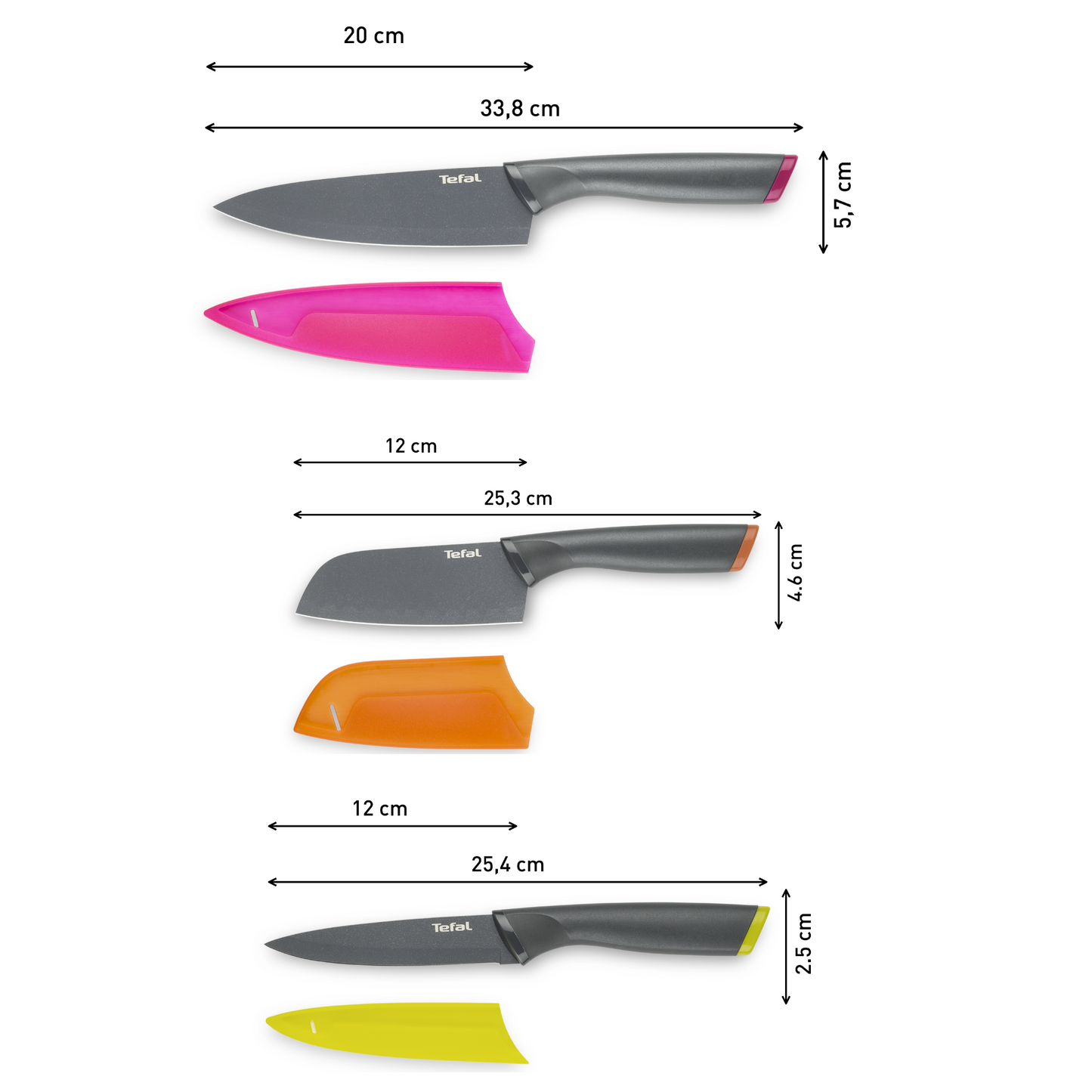 Bộ 3 dao phủ chống dính Tefal Fresh Kitchen K122S324, đa năng 12cm/Santoku 12cm/đầu bếp 20cm