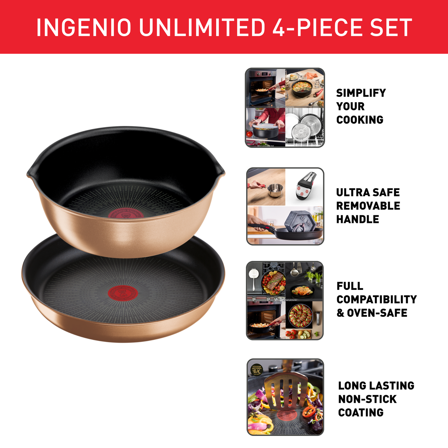 Bộ 2 chảo cán rời kèm 1 nắp kính 22cm Tefal Ingenio Unlimited L3949493, 22cm/26cm