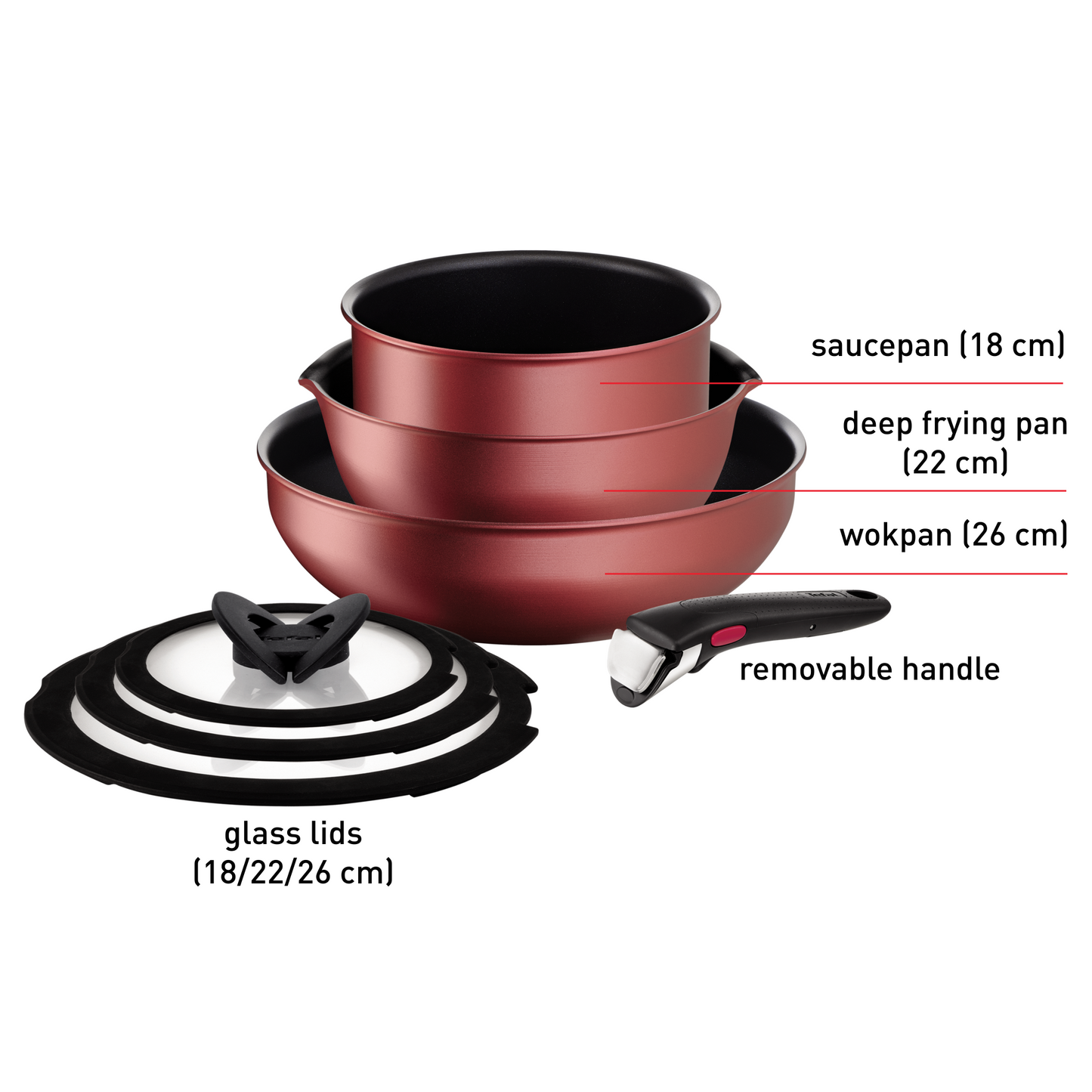 Bộ 3 nồi chảo cán rời kèm 3 nắp kính Tefal Ingenio Unlimited L7909093, 18cm/22cm/chảo 26cm