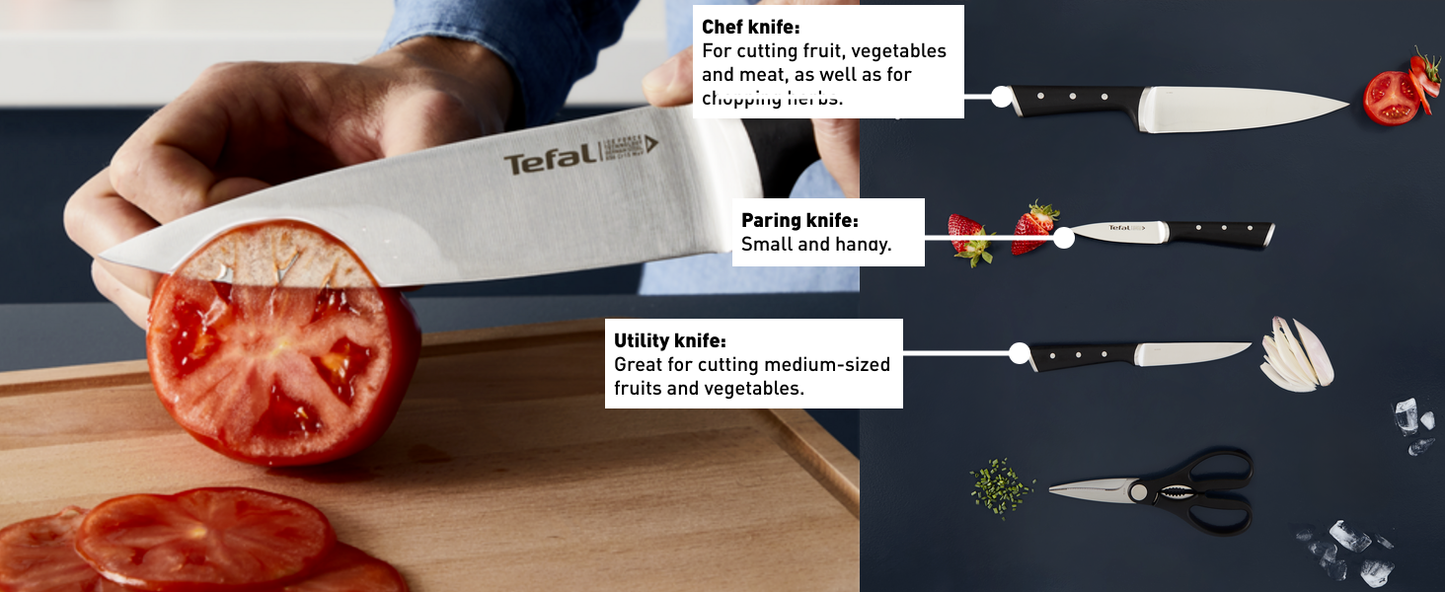 Bộ dao kéo thép Đức 4 món và kệ dao gỗ Tefal Ice Force K232S534, 9cm/11cm/20cm