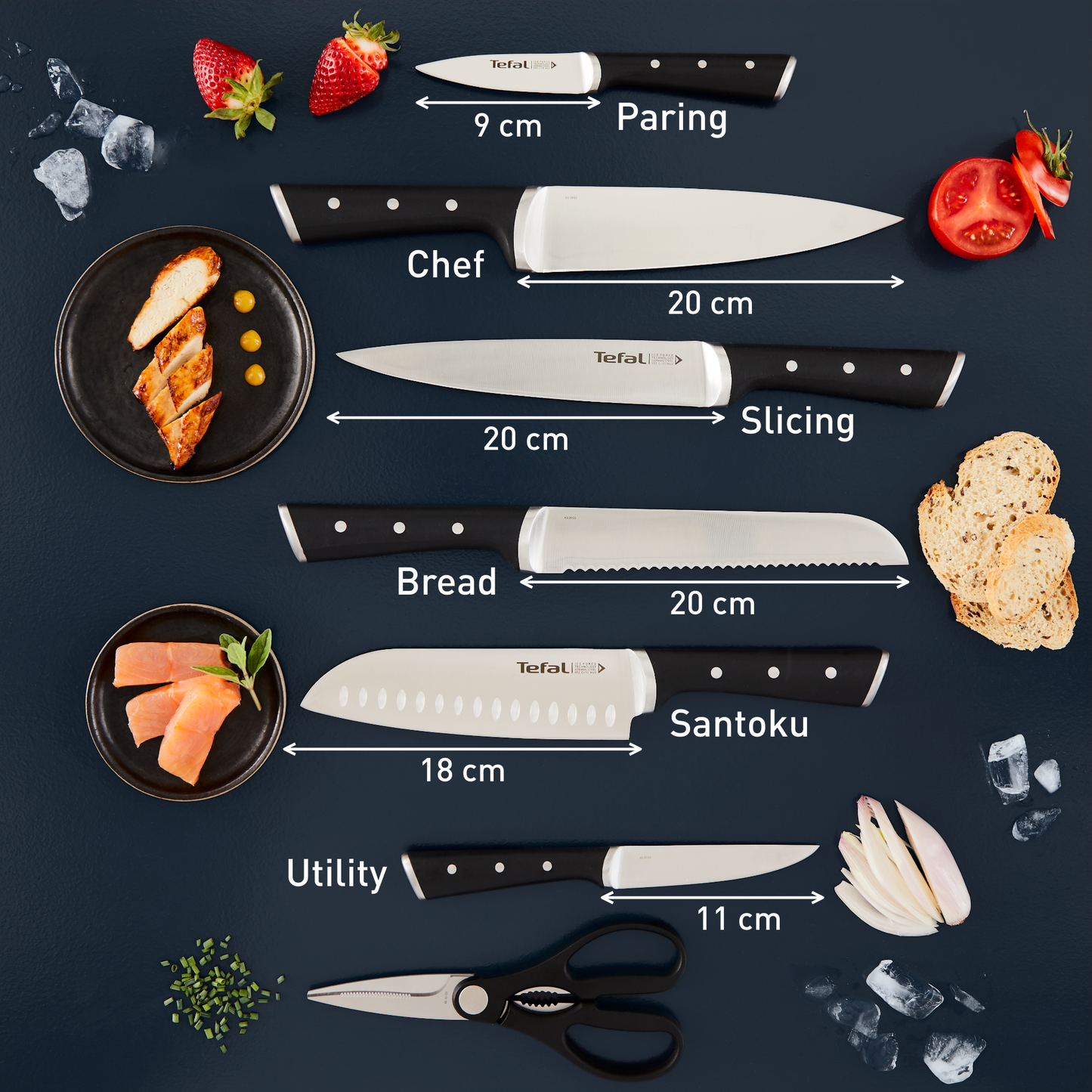 Bộ dao kéo thép Đức 7 món và kệ dao gỗ Tefal Ice Force K232S714, 9cm/11cm/18cm/20cm/20cm/20cm