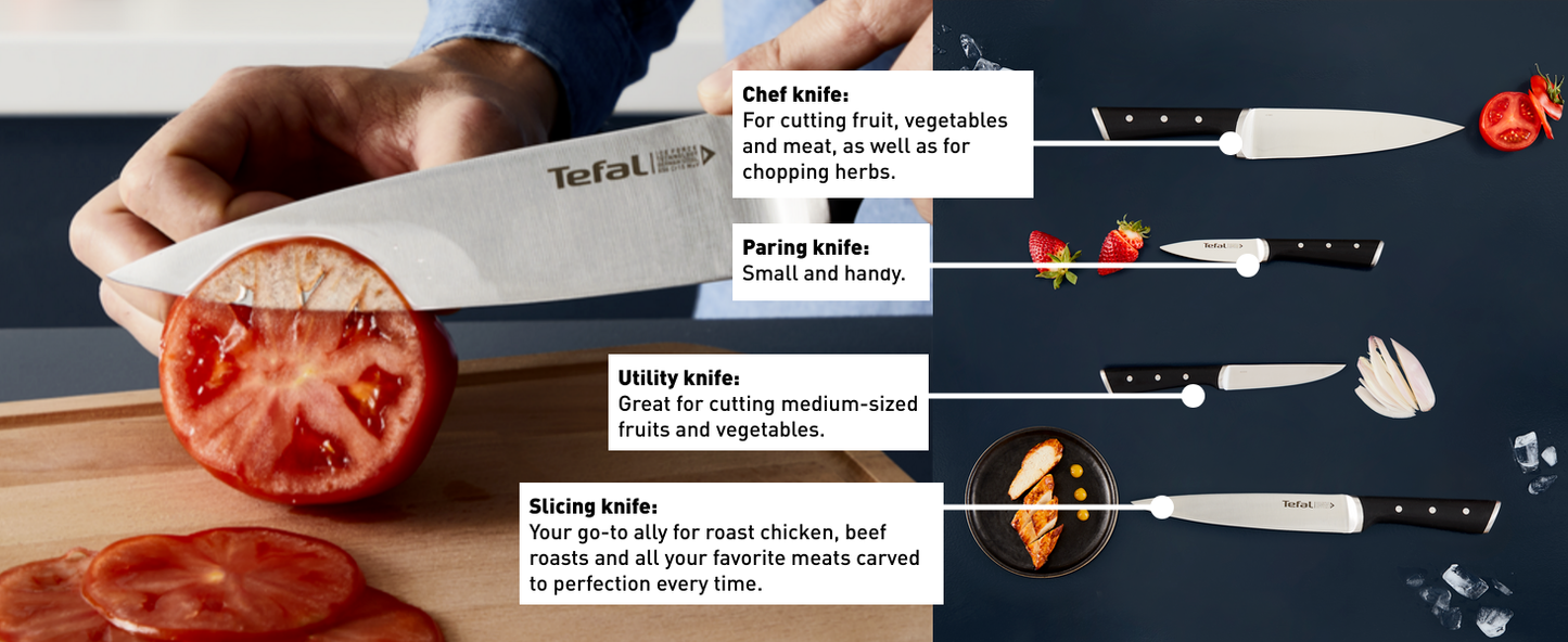 Bộ dao thép Đức 4 món liền khối Ice Force Tefal K2324S74 (20cm, 20cm, 11cm, 9cm)