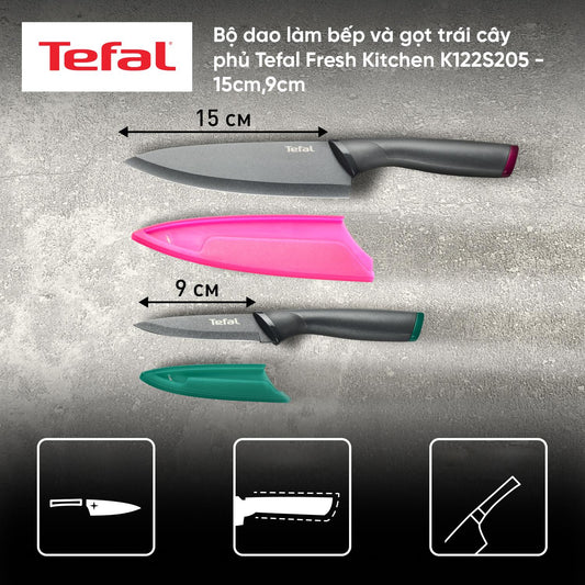 Bộ dao làm bếp và gọt trái cây phủ Titanium Tefal Fresh Kitchen K122S205 - 15cm,9cm