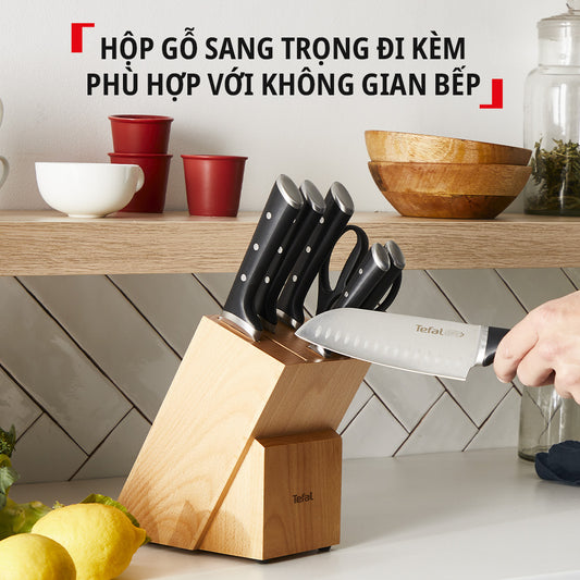 Bộ dao kéo thép Đức 7 món và kệ dao gỗ Tefal Ice Force K232S714, 9cm/11cm/18cm/20cm/20cm/20cm