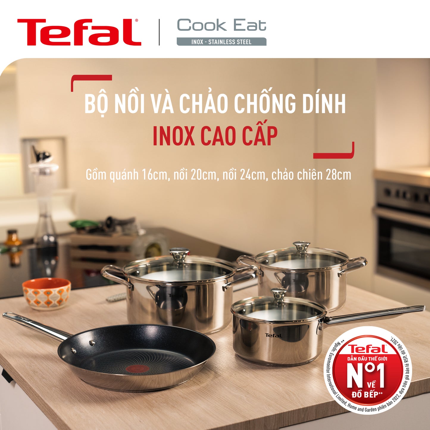 Bộ 3 nồi Inox cao cấp Tefal Cook Eat B921S604, 14cm/18cm/20cm
