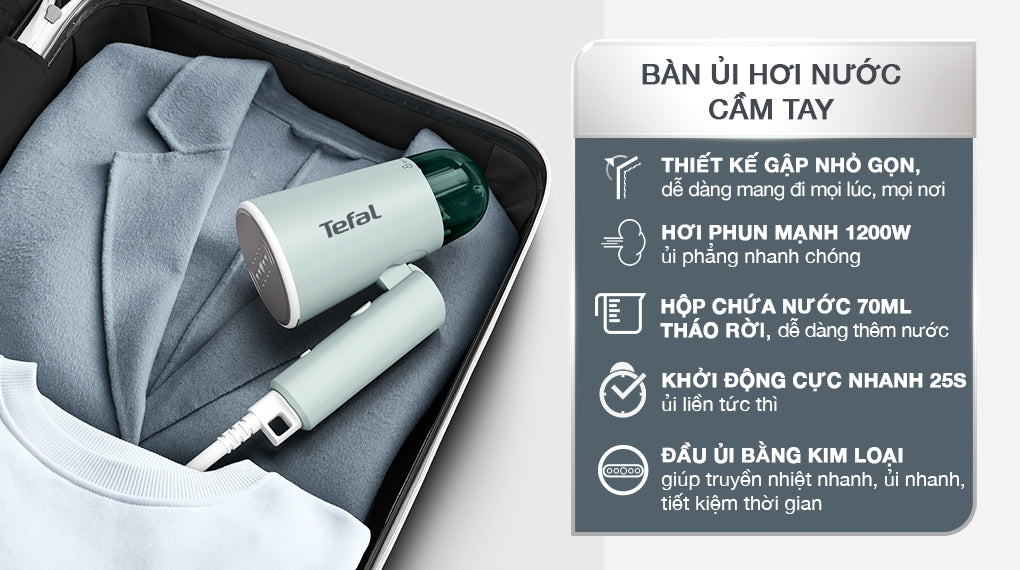 Bàn ủi hơi nước cầm tay Tefal Origin Travel DT1024K0 xanh xám
