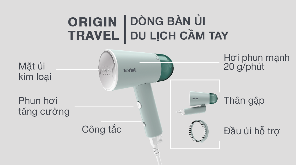 Bàn ủi hơi nước cầm tay Tefal Origin Travel DT1024K0 xanh xám