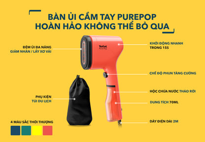 Bàn ủi hơi nước cầm tay Pure Pop Tefal DT2024E1, màu xanh lơ