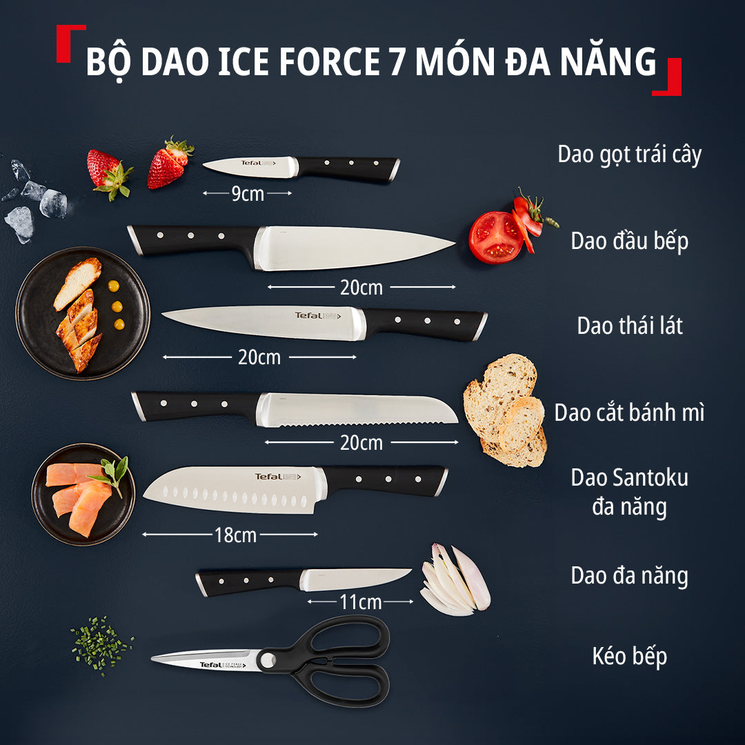 Bộ dao kéo thép Đức 7 món và kệ dao gỗ Tefal Ice Force K232S714, 9cm/11cm/18cm/20cm/20cm/20cm