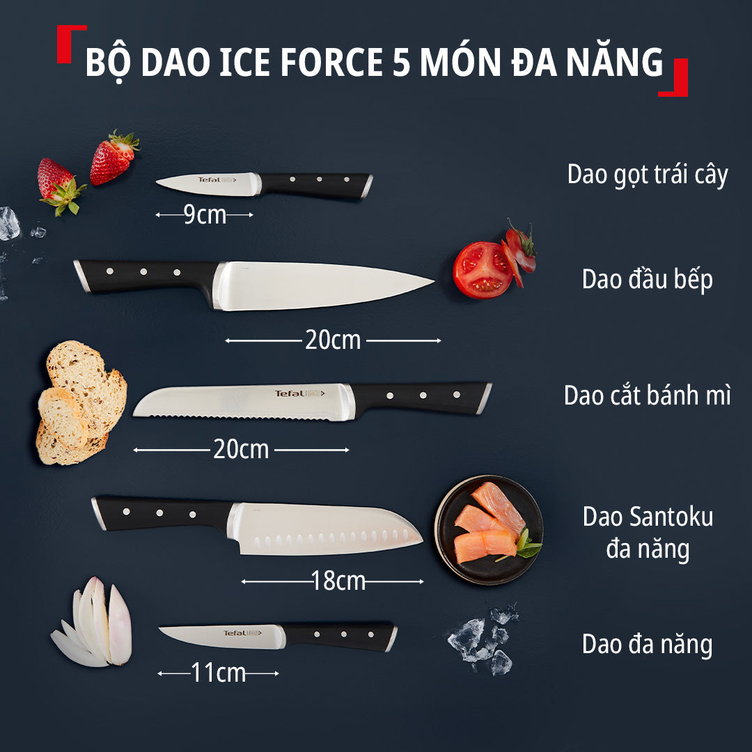 Bộ dao thép Đức 5 món và kệ dao gỗ Tefal Ice Force K232S574, 20cm/20cm/18cm/11cm/9cm