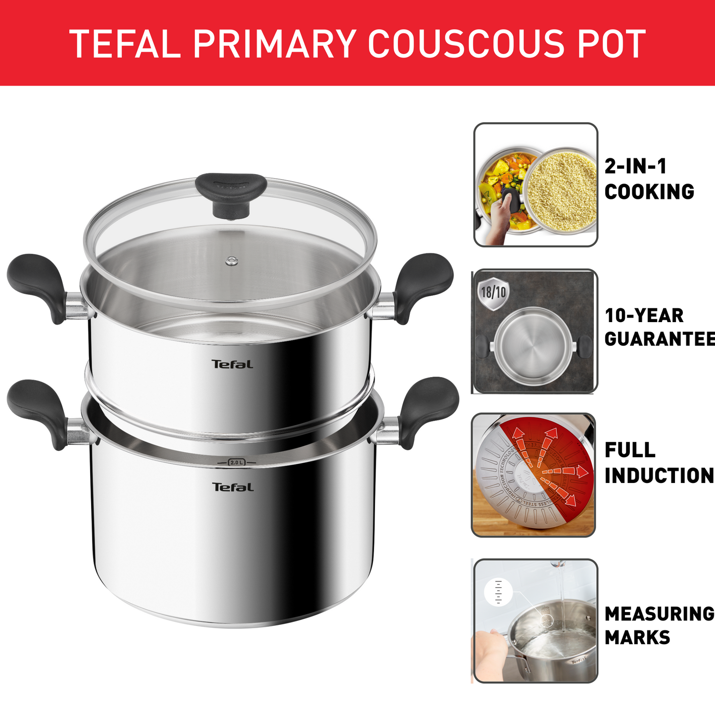 Nồi hấp Inox cao cấp 18/10 Tefal Couscous Primary E3089504, 24cm