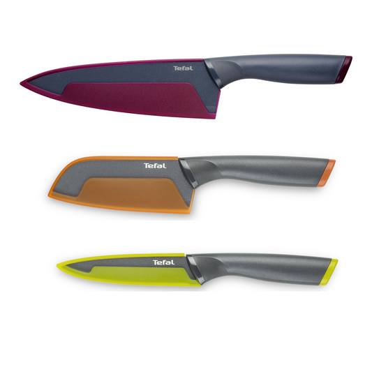 Bộ 3 dao phủ chống dính Tefal Fresh Kitchen K122S324, đa năng 12cm/Santoku 12cm/đầu bếp 20cm