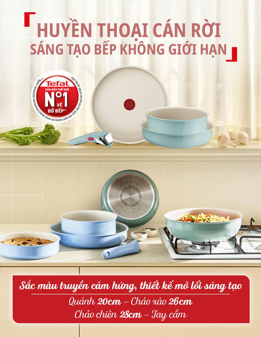 Bộ 3 nồi chảo cán rời Tefal Ingenio Serenity L8274S04/L8304S04/L8284S04, quánh 20cm/ xào 26cm/ chiên 28cm