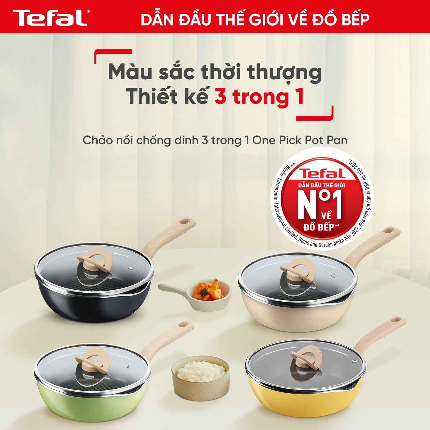 Chảo nồi có nắp đa năng 3 trong 1 - 22cm, xanh/đen/vàng/vanila