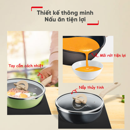 Chảo nồi có nắp đa năng 3 trong 1 - 22cm, xanh/đen/vàng/vanila
