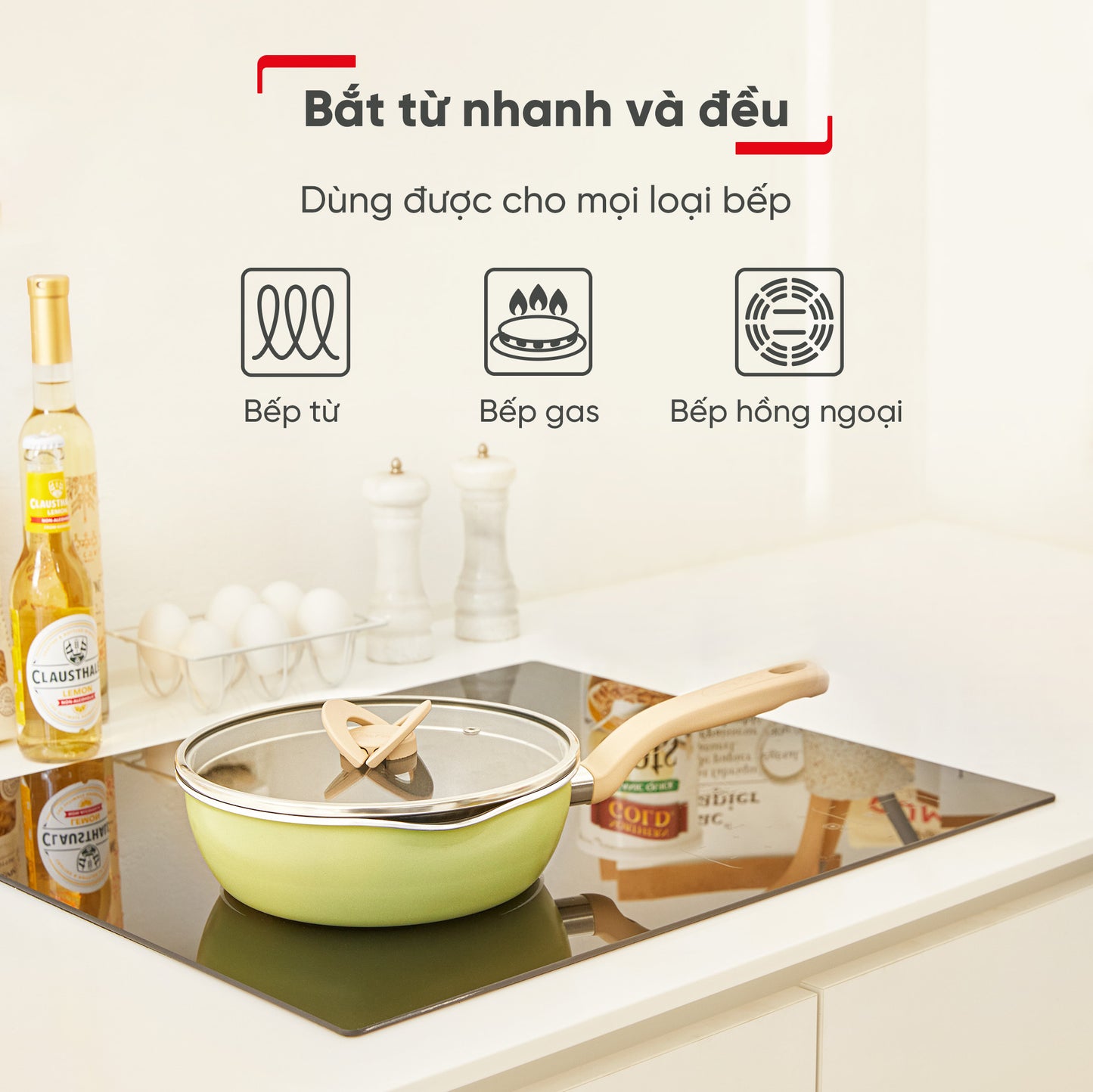 Chảo nồi có nắp đa năng 3 trong 1 - 22cm, xanh/đen/vàng/vanila